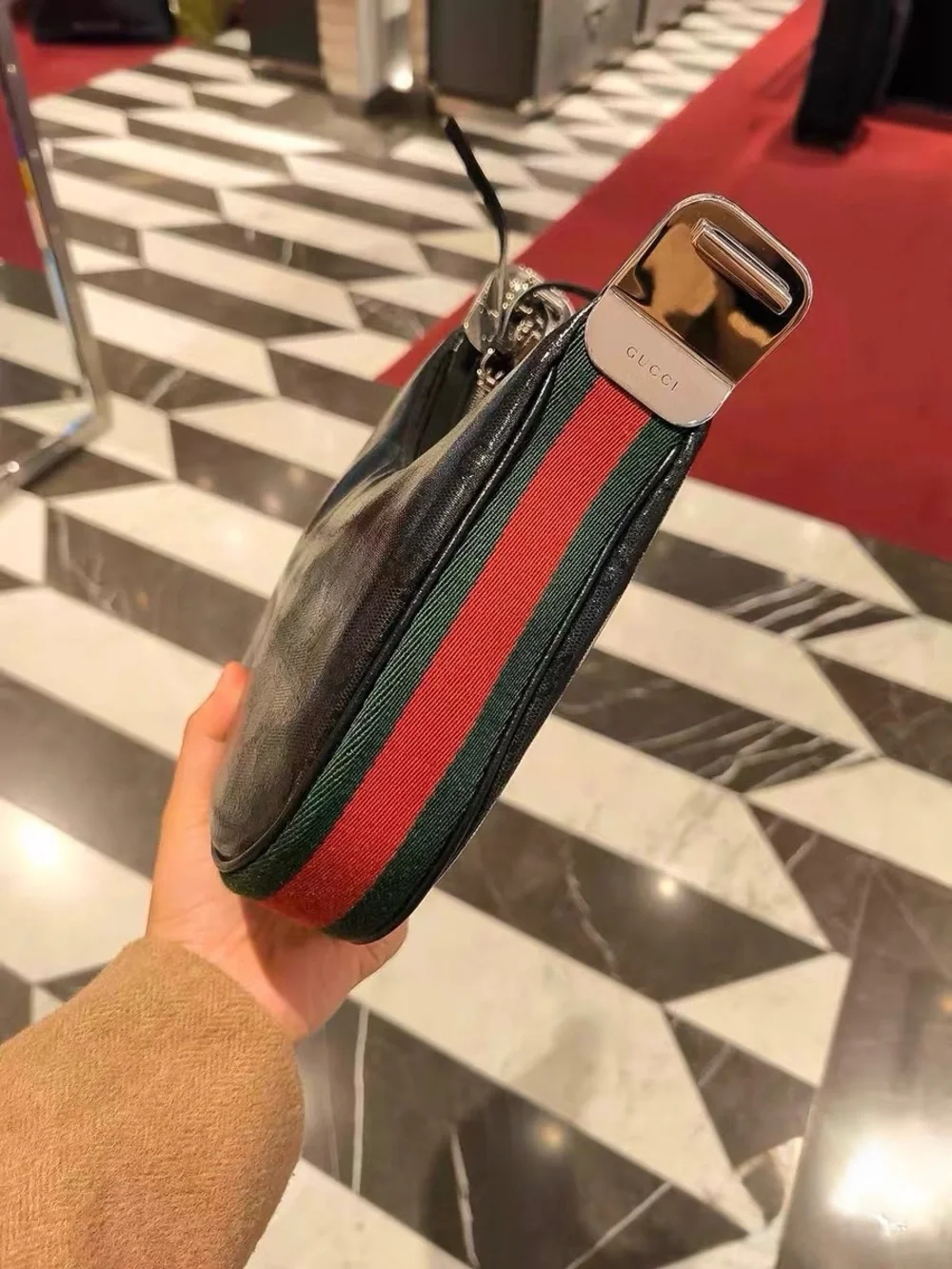 Gucci Black GG Monogram Crescent Shoulder Bag with Red-Blue Web Strap